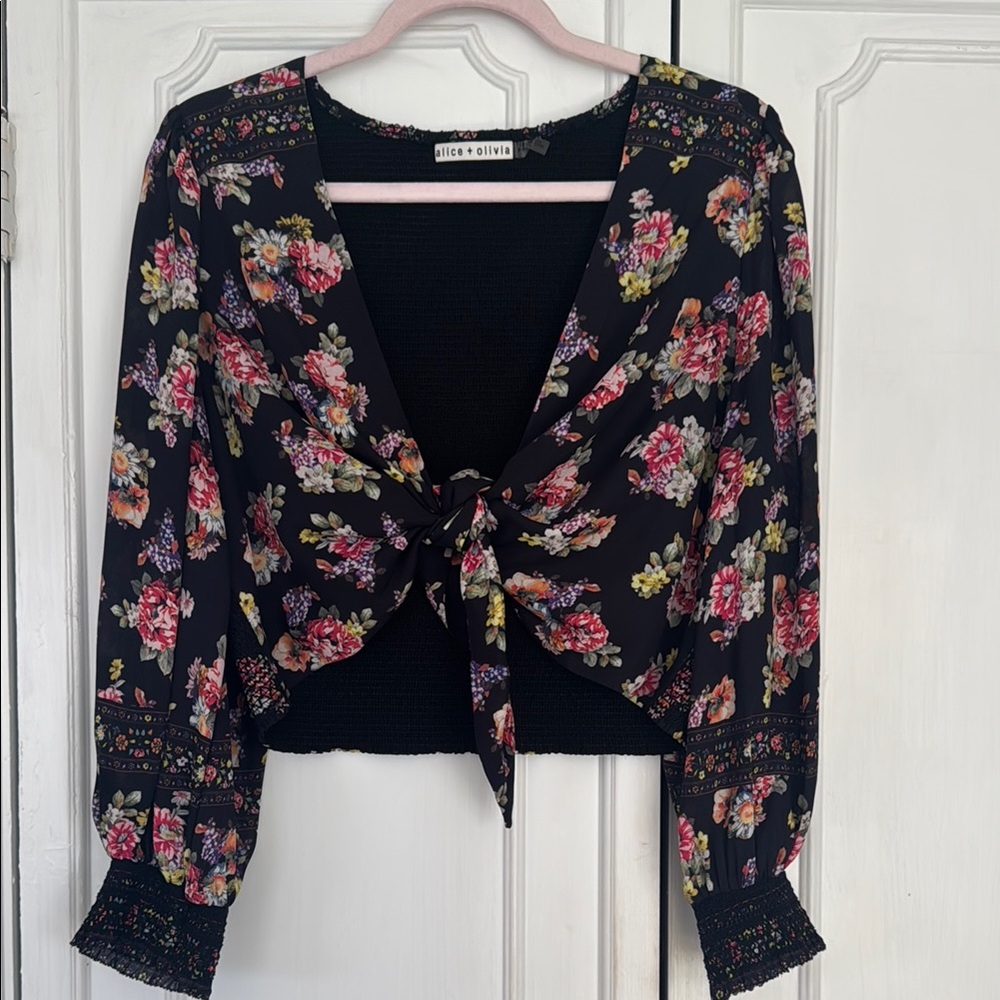 Alice + Olivia Black and Pink Tie Front Cuffed Sleeve Blouse